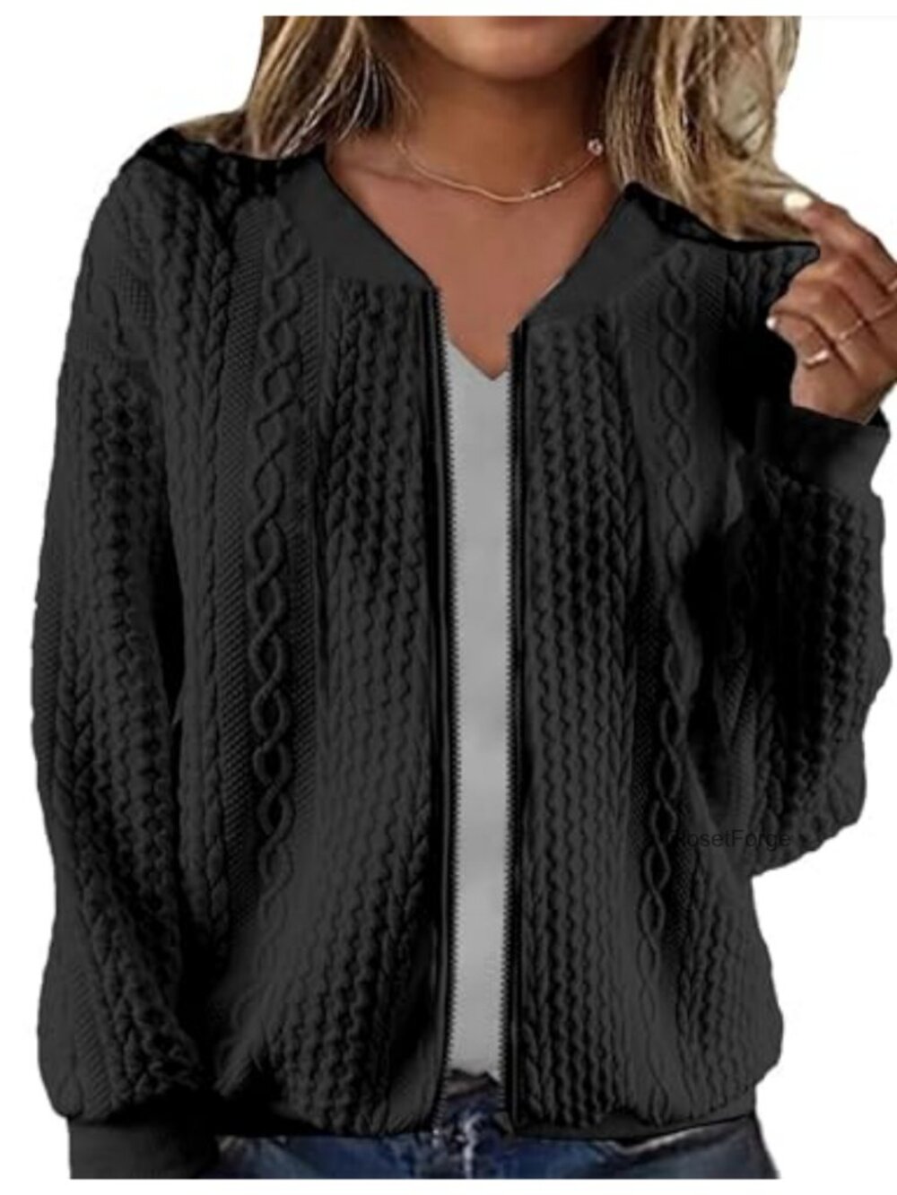 Women's Zip Up Cardigan Sweater Long Sleeve Cable Knit Open Front Casual Coat